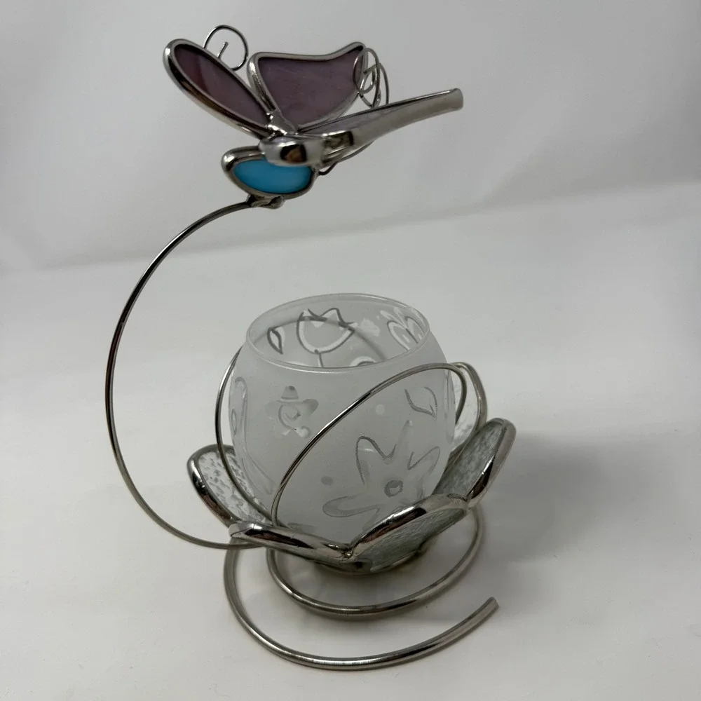 Stained Glass Butterfly Votive Candle Holder Frosted Floral Glass Purple Blue 7